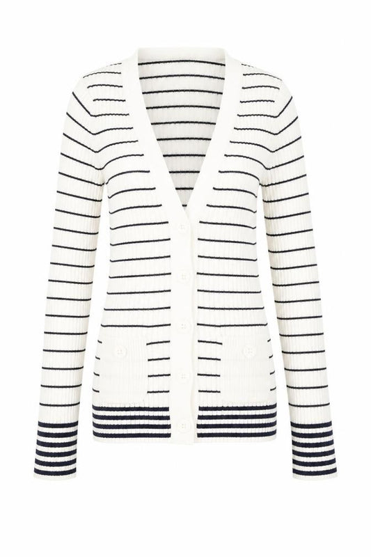 Front view of Principles Petite by Ben de Lisi Women's White Striped Knit Button-Up Cardigan, size 6