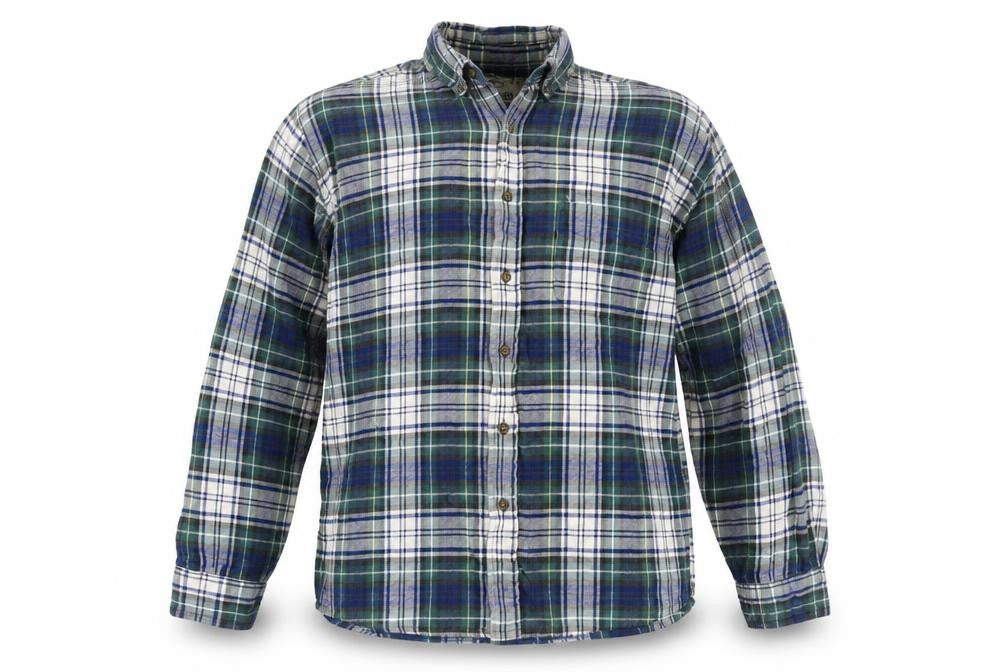 Front view of American Eagle Men’s Blue Plaid Flannel Button-Up Shirt L