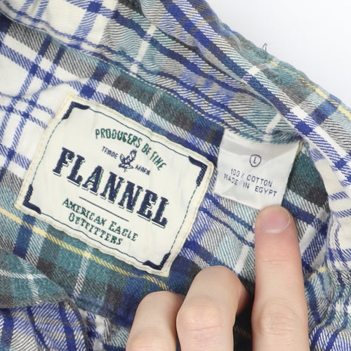 American Eagle Men’s Blue Plaid Flannel Button-Up Shirt L