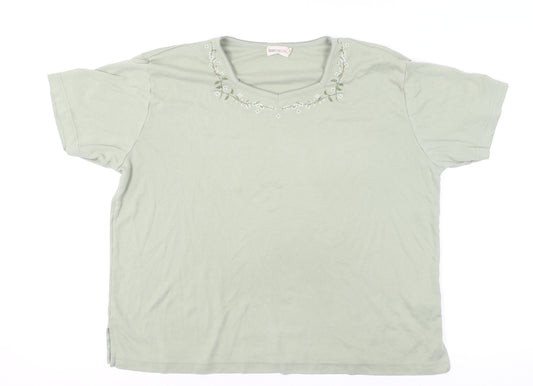 Bonmarché Women’s Green Embroidered V-Neck Cotton T-Shirt Size L