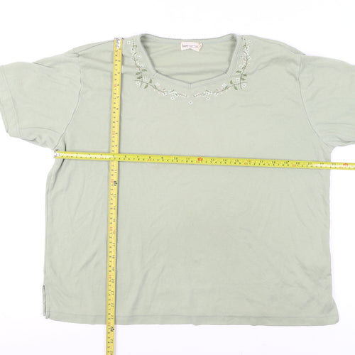 Bonmarché Women’s Green Embroidered V-Neck Cotton T-Shirt Size L