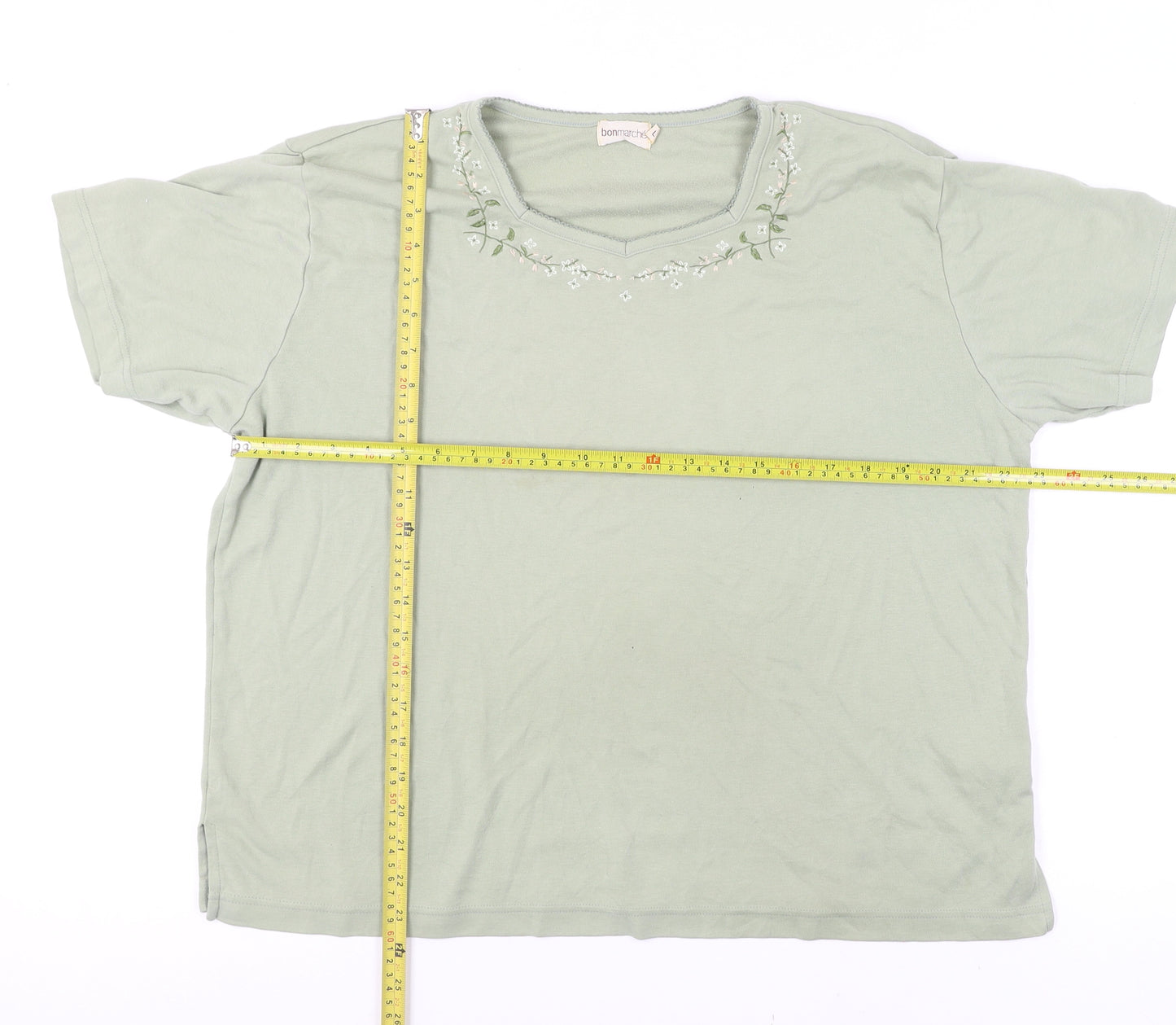 Bonmarché Women’s Green Embroidered V-Neck Cotton T-Shirt Size L