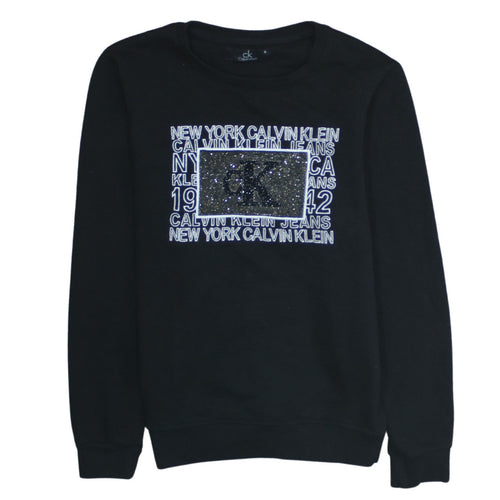 Calvin Klein Womens Black Small Pullover Sweatshirt Rhinestone Logo