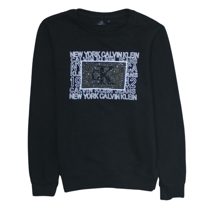 Calvin Klein Womens Black Small Pullover Sweatshirt Rhinestone Logo