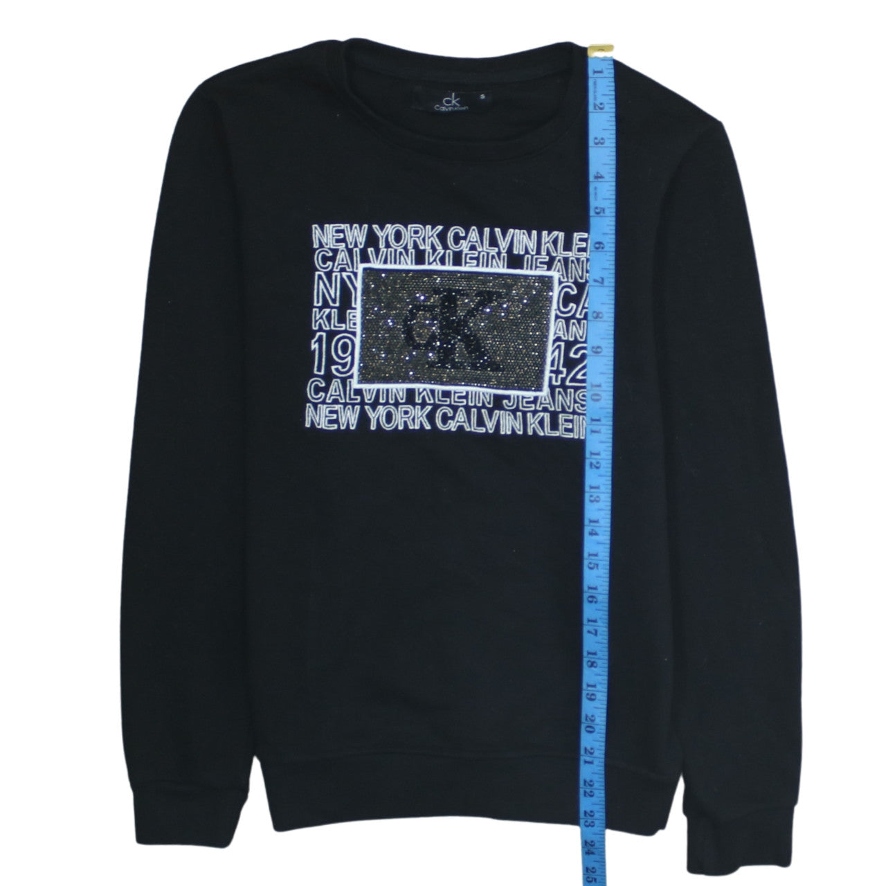 Calvin Klein Womens Black Small Pullover Sweatshirt Rhinestone Logo
