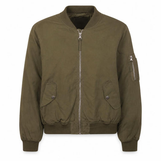 Front view of FB Sister Women's Green Bomber Jacket, size S, Casual Zip Short