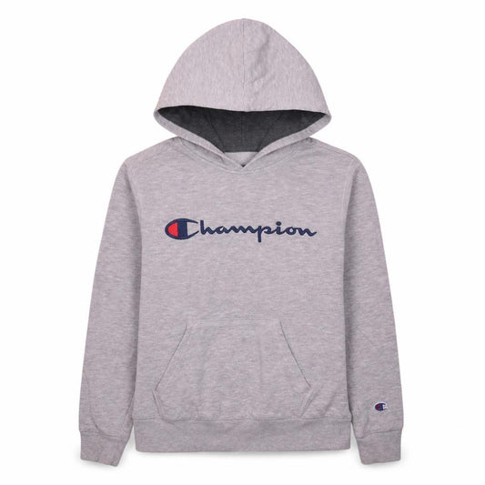 Front view of Champion women’s grey pullover hoodie m hooded logo sweatshirt