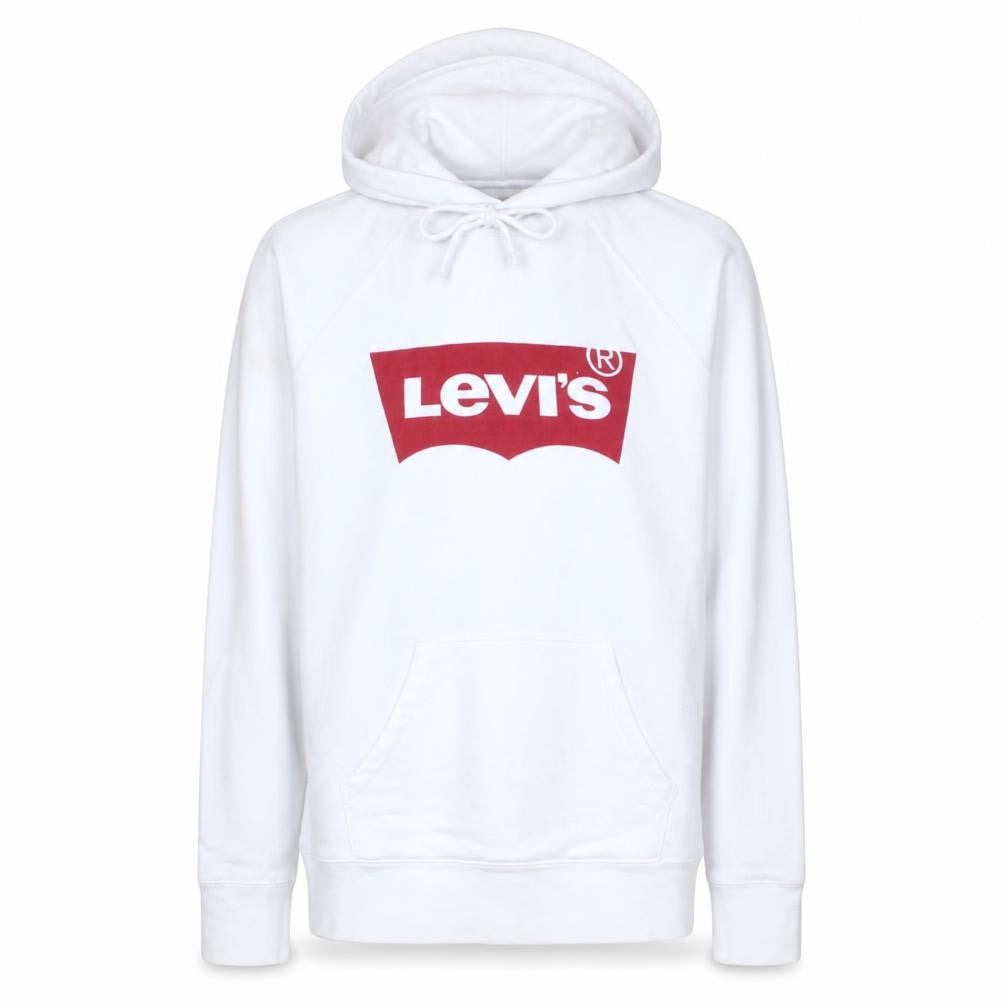 Front view of Levi's Men's White Pullover Hoodie XS Logo Fleece Sweatshirt