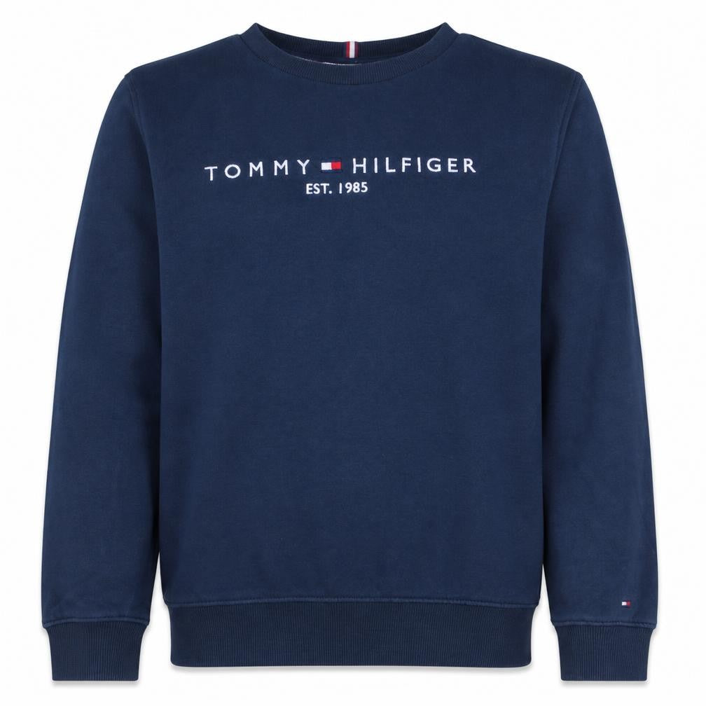 Front view of Tommy Hilfiger boys’ navy blue crew neck pullover sweatshirt, size 164