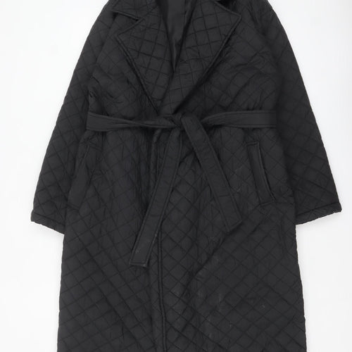 Urban Bliss Women Black Long Quilted Belted Coat UK 12