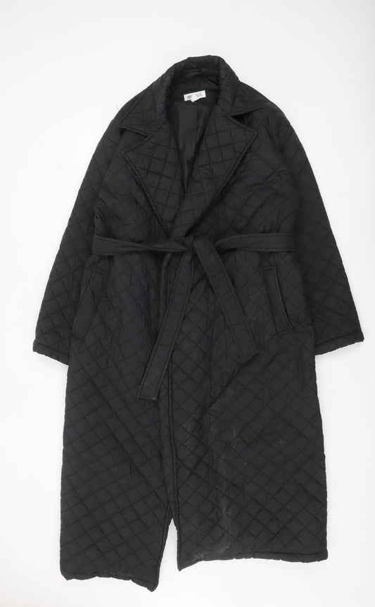 Urban Bliss Women Black Long Quilted Belted Coat UK 12