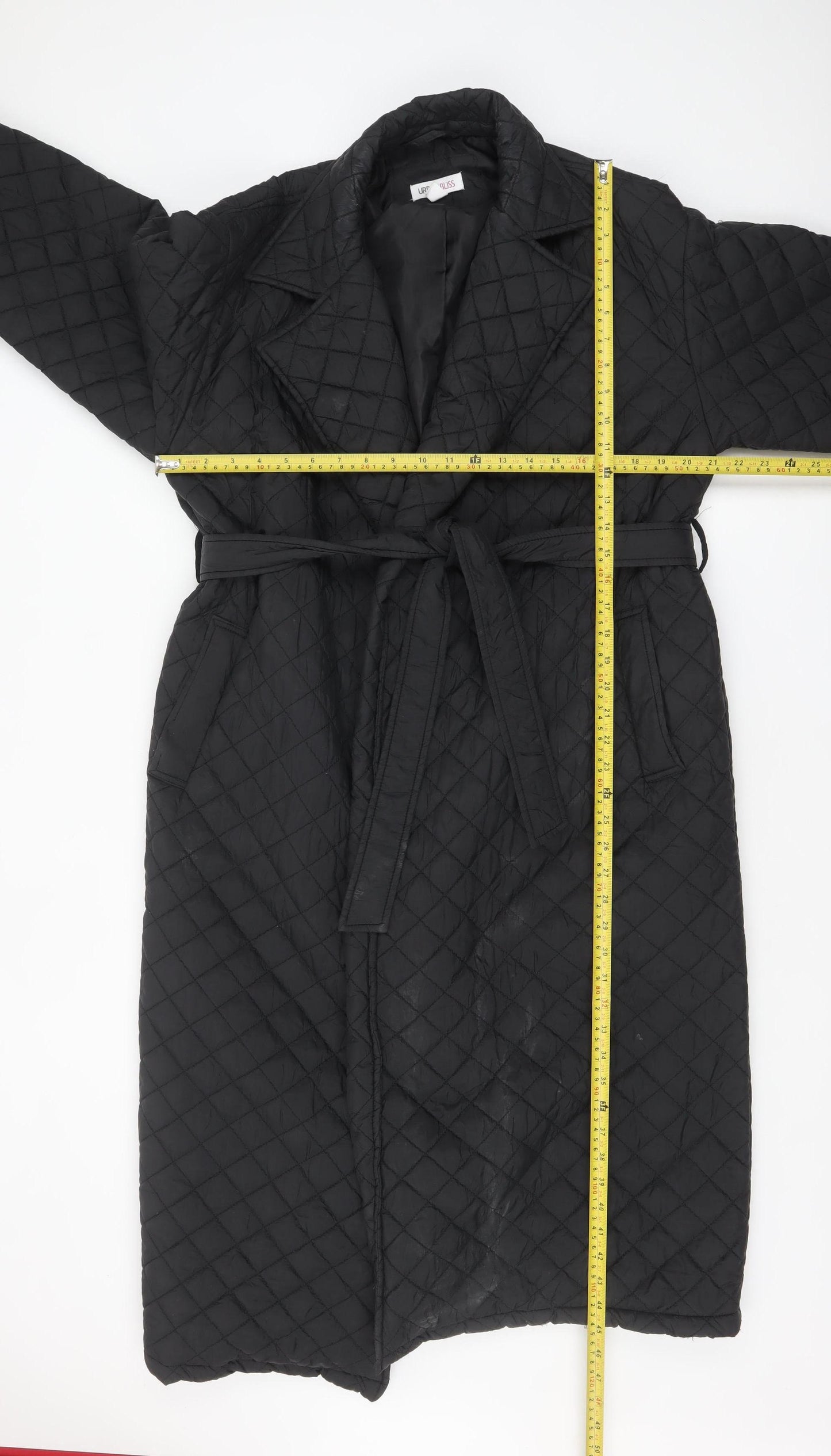 Urban Bliss Women Black Long Quilted Belted Coat UK 12
