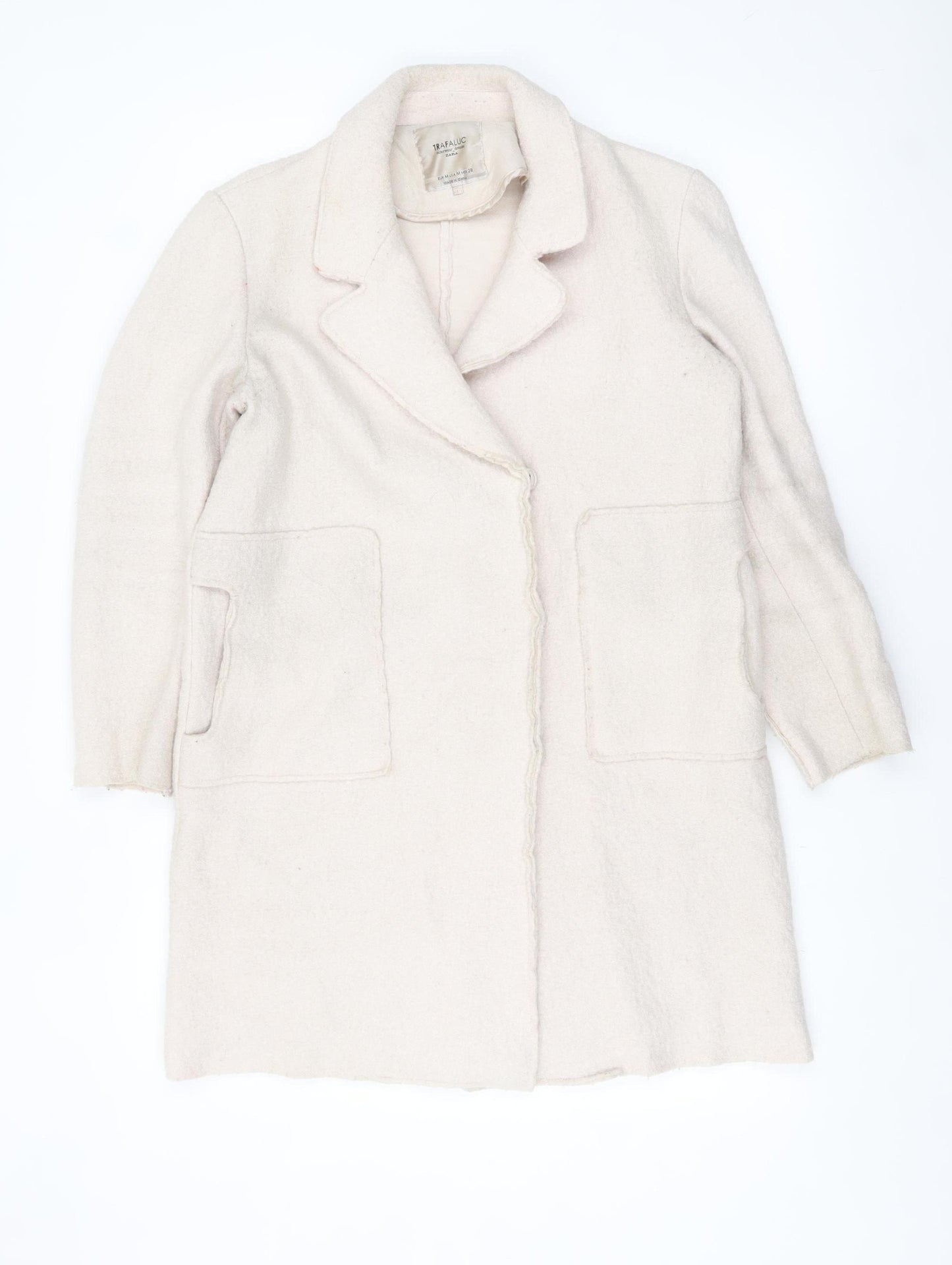 Zara Women Ivory Wool Blend Mid-Length Overcoat Size 12