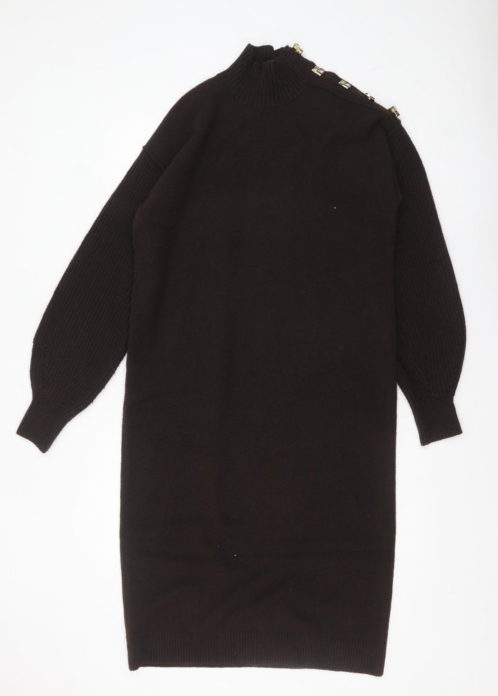 Next Women’s Black Jumper Dress Size S Wool Blend High Neck Button Detail
