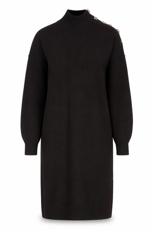 Front view of Next Women’s Black Jumper Dress, size S, Wool Blend High Neck Button Detail