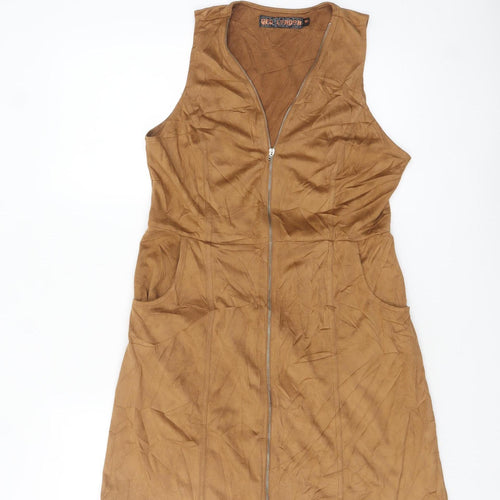 QED London Women's Brown Size 10 Suede Sleeveless Zip Pinafore Dress