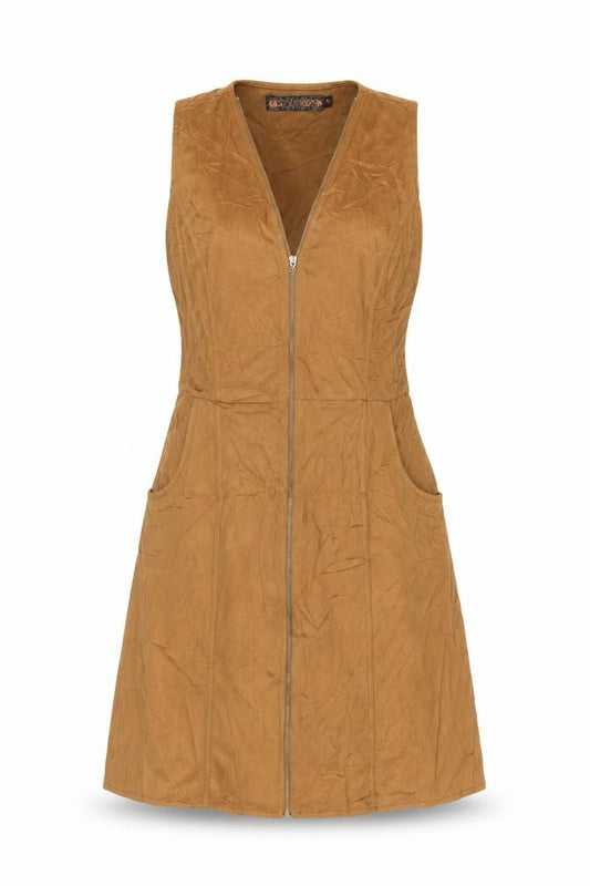 Front view of QED London Women's Brown, size 10, Suede Sleeveless Zip Pinafore Dress