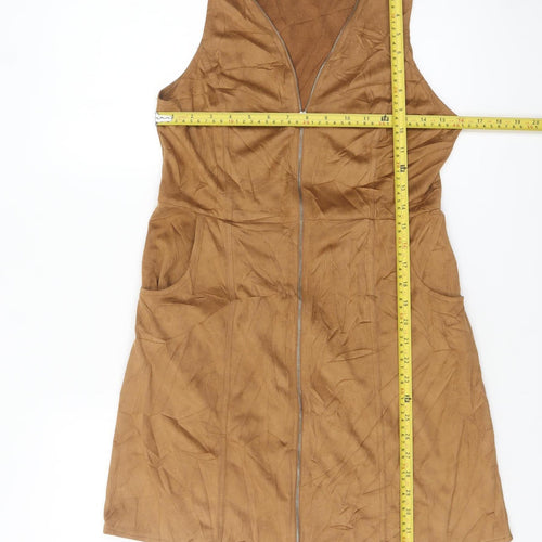 QED London Women's Brown Size 10 Suede Sleeveless Zip Pinafore Dress