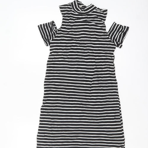 Miss Selfridge Women Black Striped Cold Shoulder Shift Dress Size 6