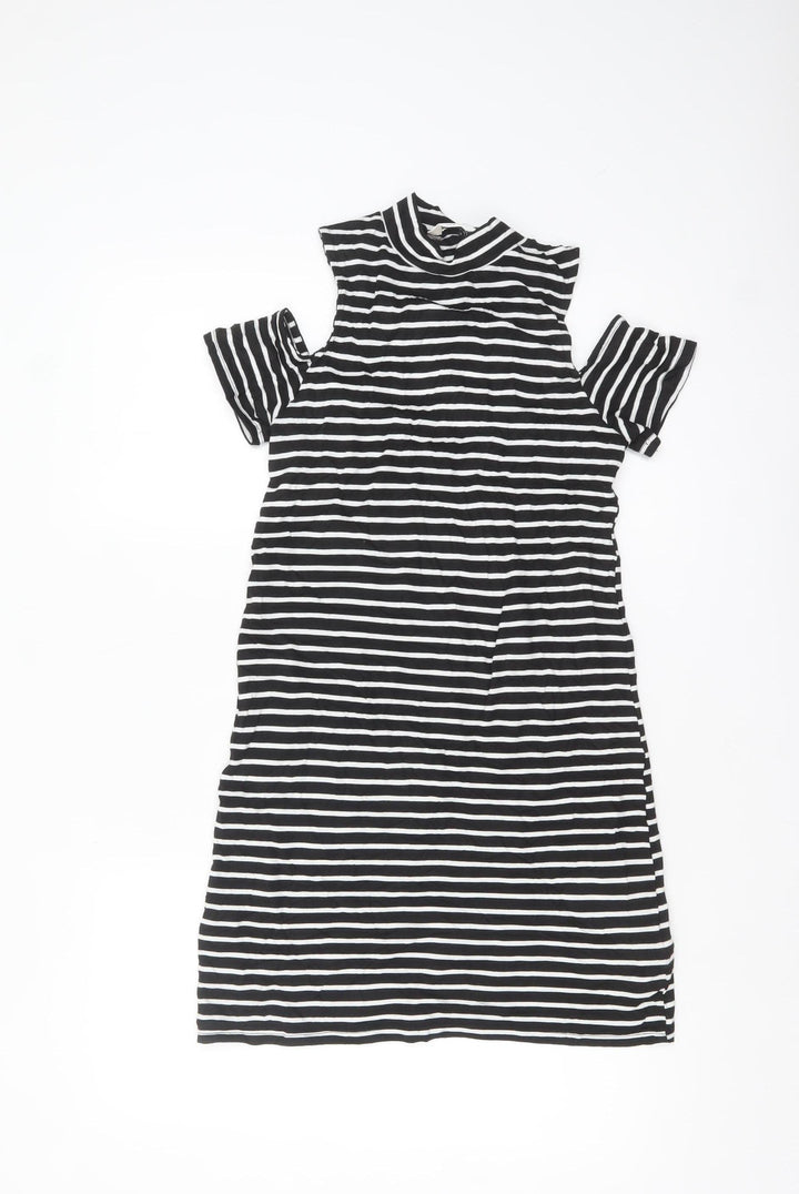Miss Selfridge Women Black Striped Cold Shoulder Shift Dress Size 6
