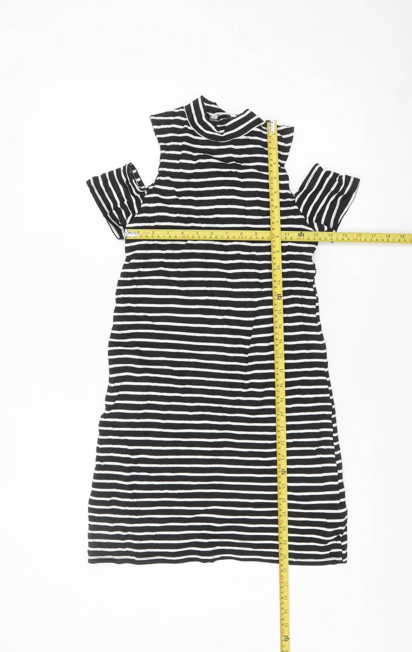 Miss Selfridge Women Black Striped Cold Shoulder Shift Dress Size 6