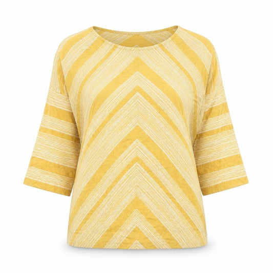 Front view of Principles Women Yellow Striped 3/4 Sleeve Tunic Blouse, size 8
