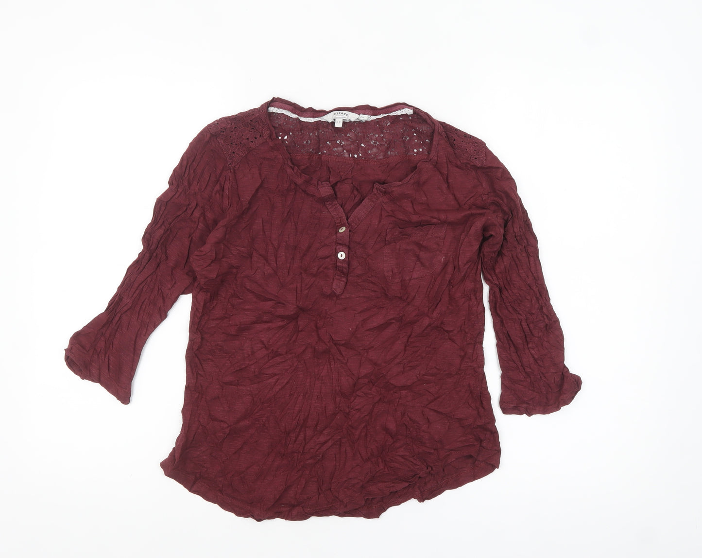FatFace Women's Red Crochet Tunic Blouse Size 12 3/4 Sleeve Cotton Blend