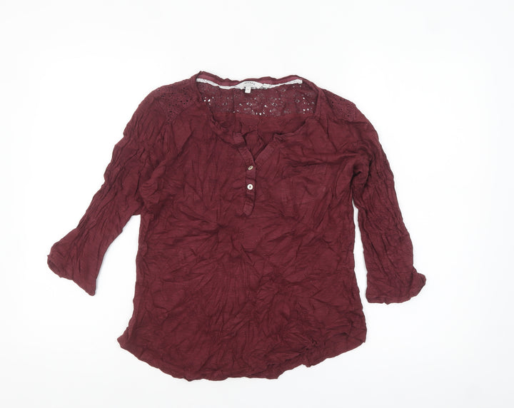 FatFace Women's Red Crochet Tunic Blouse Size 12 3/4 Sleeve Cotton Blend