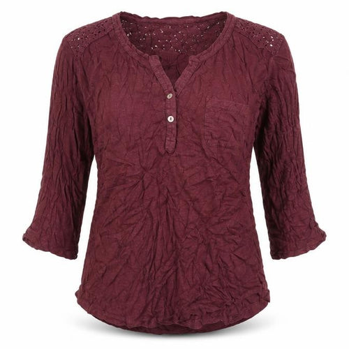 FatFace Women's Red Crochet Tunic Blouse Size 12 3/4 Sleeve Cotton Blend
