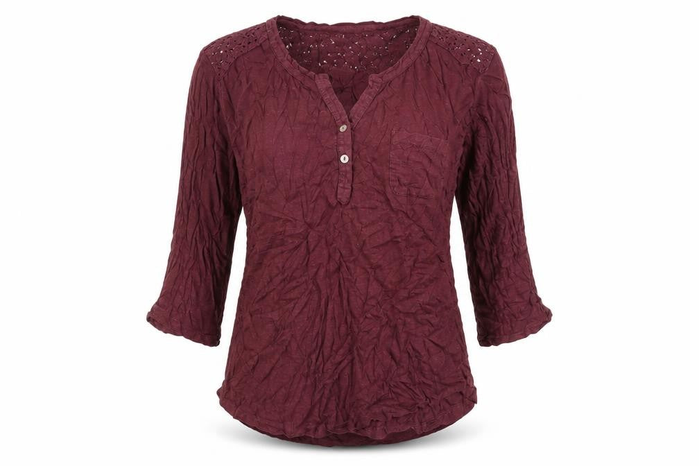 FatFace Women's Red Crochet Tunic Blouse Size 12 3/4 Sleeve Cotton Blend