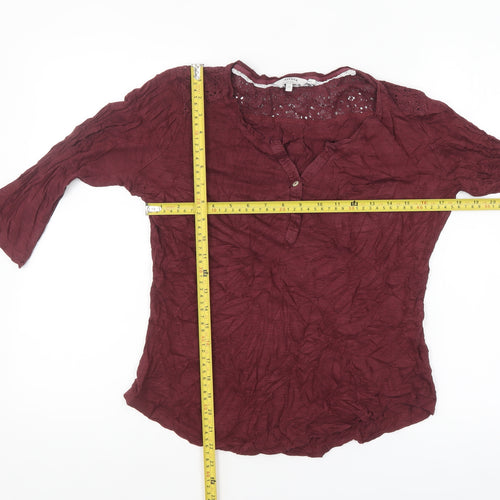 FatFace Women's Red Crochet Tunic Blouse Size 12 3/4 Sleeve Cotton Blend