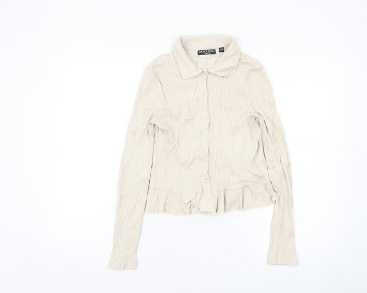 Brave Soul Women’s Beige Long Sleeve Button-Up Cotton Shirt Size L