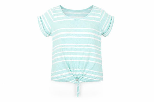 Front view of Next Women's Blue Striped Cotton Short Sleeve Tie Hem T-Shirt, size 12