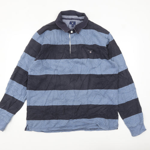 Gant Men's Blue Striped Long Sleeve Polo Shirt 2XL Cotton