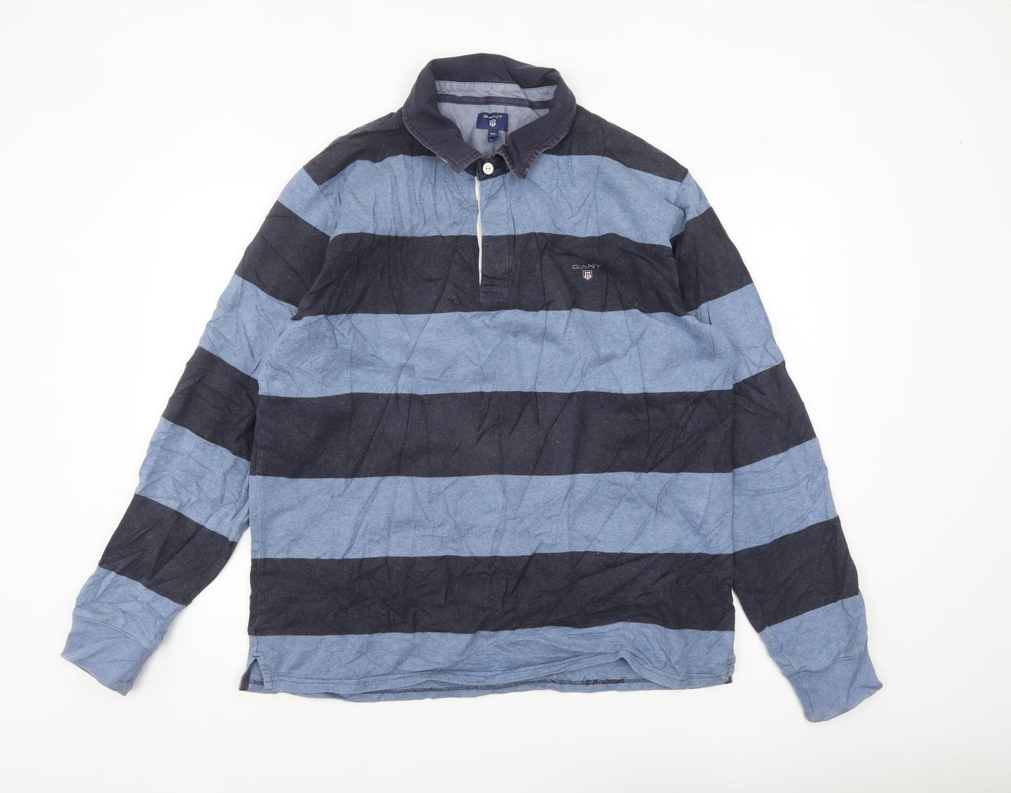 Gant Men's Blue Striped Long Sleeve Polo Shirt 2XL Cotton