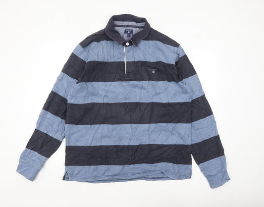 Gant Men's Blue Striped Long Sleeve Polo Shirt 2XL Cotton