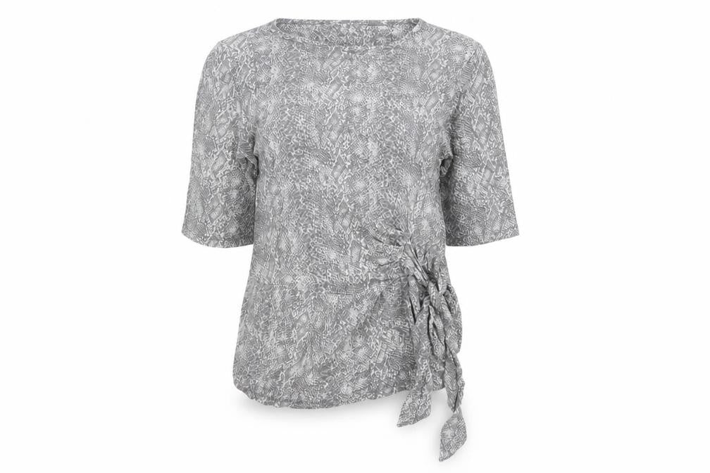 Front view of Principles Women Grey Animal Print Wrap Blouse, size 12