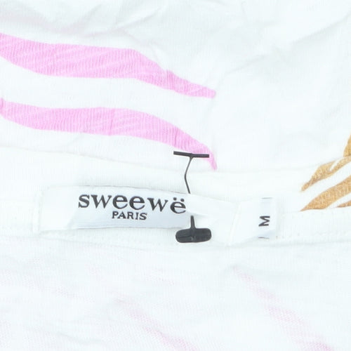 Sweewe Paris Women's White Pink Leaf Print Cotton T-Shirt Size M