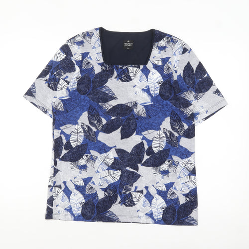 TIGI Womens Blue Floral Leaf Print Short Sleeve T-Shirt Size 14