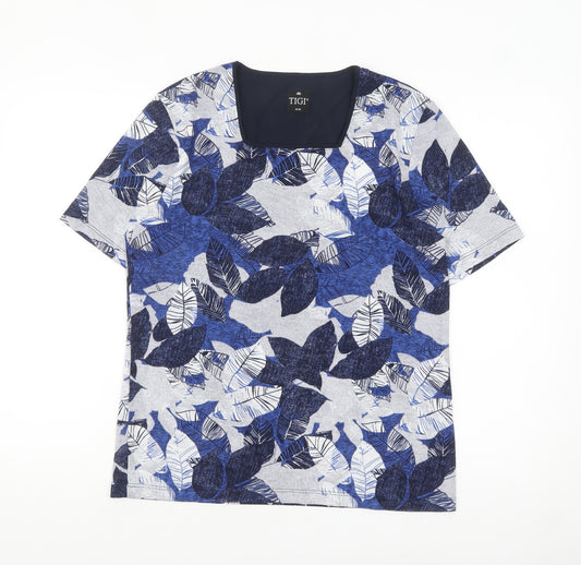 TIGI Womens Blue Floral Leaf Print Short Sleeve T-Shirt Size 14