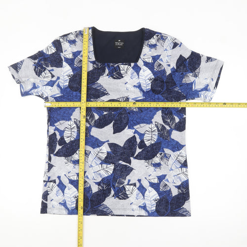 TIGI Womens Blue Floral Leaf Print Short Sleeve T-Shirt Size 14