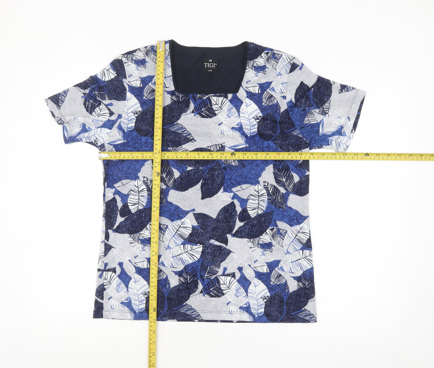 TIGI Womens Blue Floral Leaf Print Short Sleeve T-Shirt Size 14