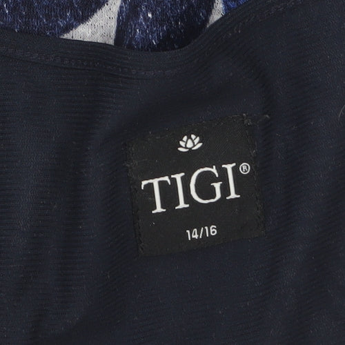 TIGI Womens Blue Floral Leaf Print Short Sleeve T-Shirt Size 14