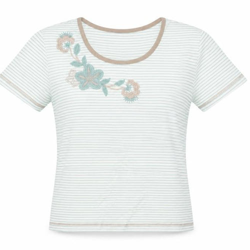 Bm Women's White Striped Embroidered T-Shirt Size S Casual Lightweight