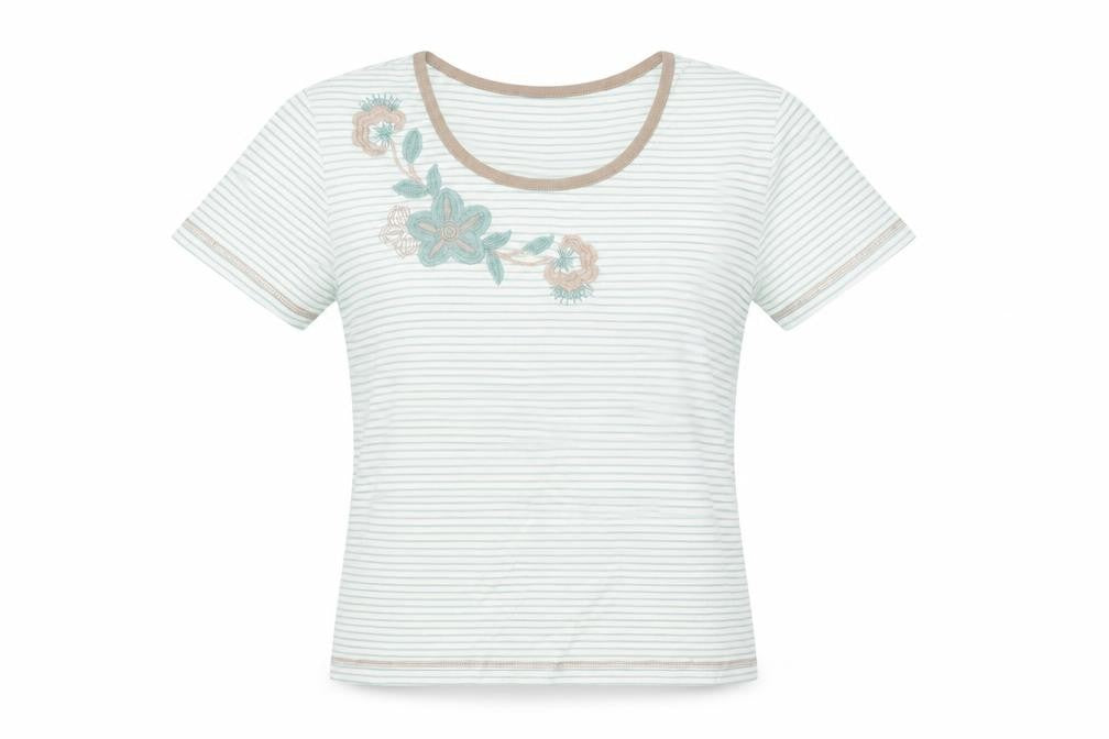 Bm Women's White Striped Embroidered T-Shirt Size S Casual Lightweight