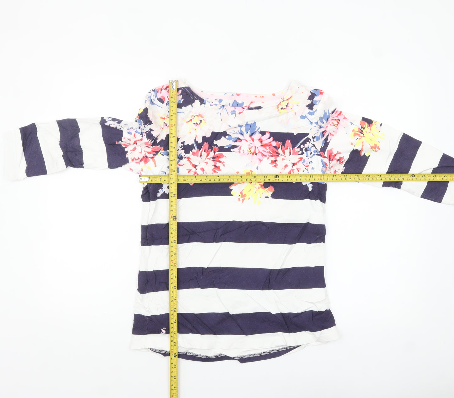 Joules Women’s Multicoloured Striped Floral 3/4 Sleeve Cotton T-Shirt Size 10