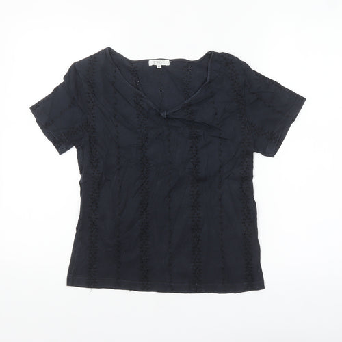 TWO:C Womens Black Embroidered Cotton Short Sleeve Blouse Size 6
