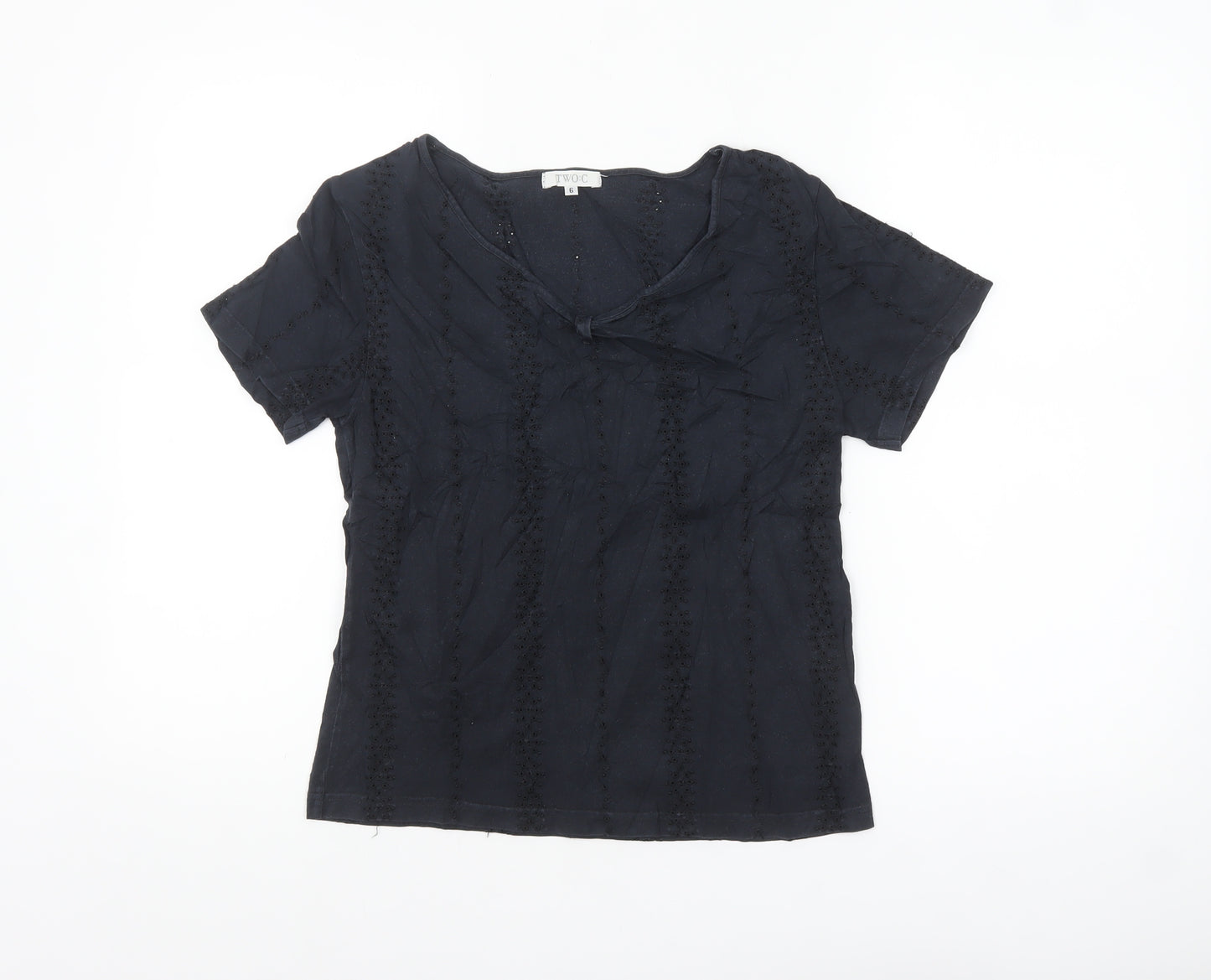 TWO:C Womens Black Embroidered Cotton Short Sleeve Blouse Size 6