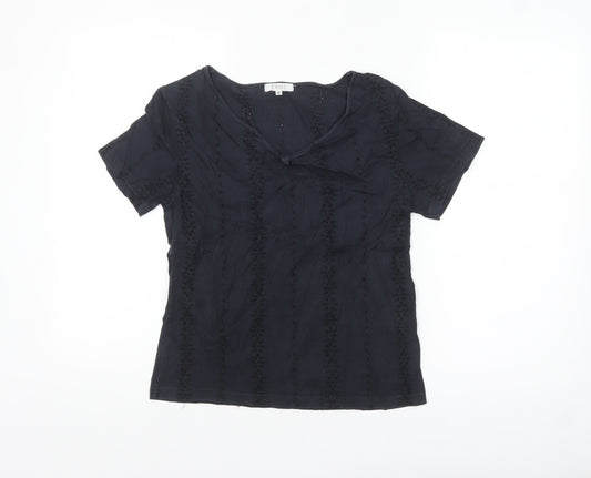 TWO:C Womens Black Embroidered Cotton Short Sleeve Blouse Size 6