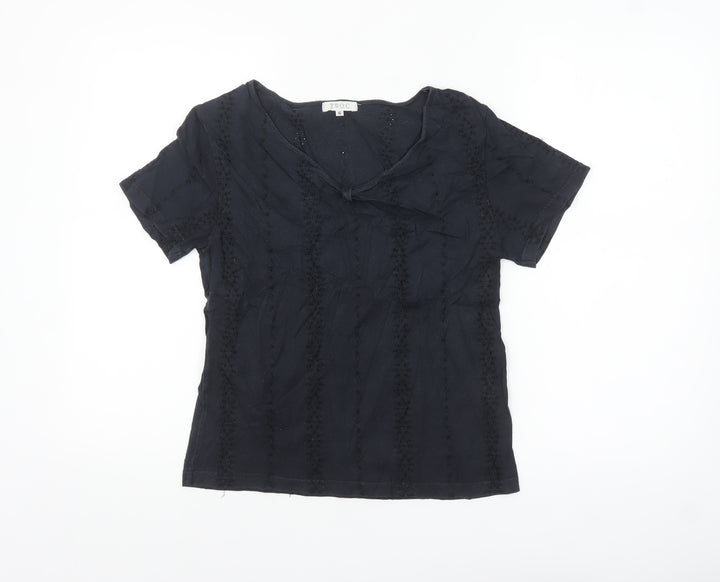 TWO:C Womens Black Embroidered Cotton Short Sleeve Blouse Size 6